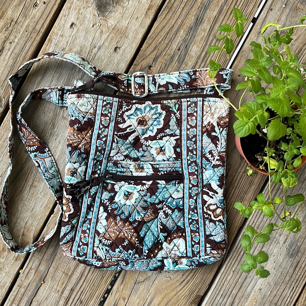 Vera Bradley Java Blue Double Zip Crossbody Adjustable Strap Purse Brown Paisley